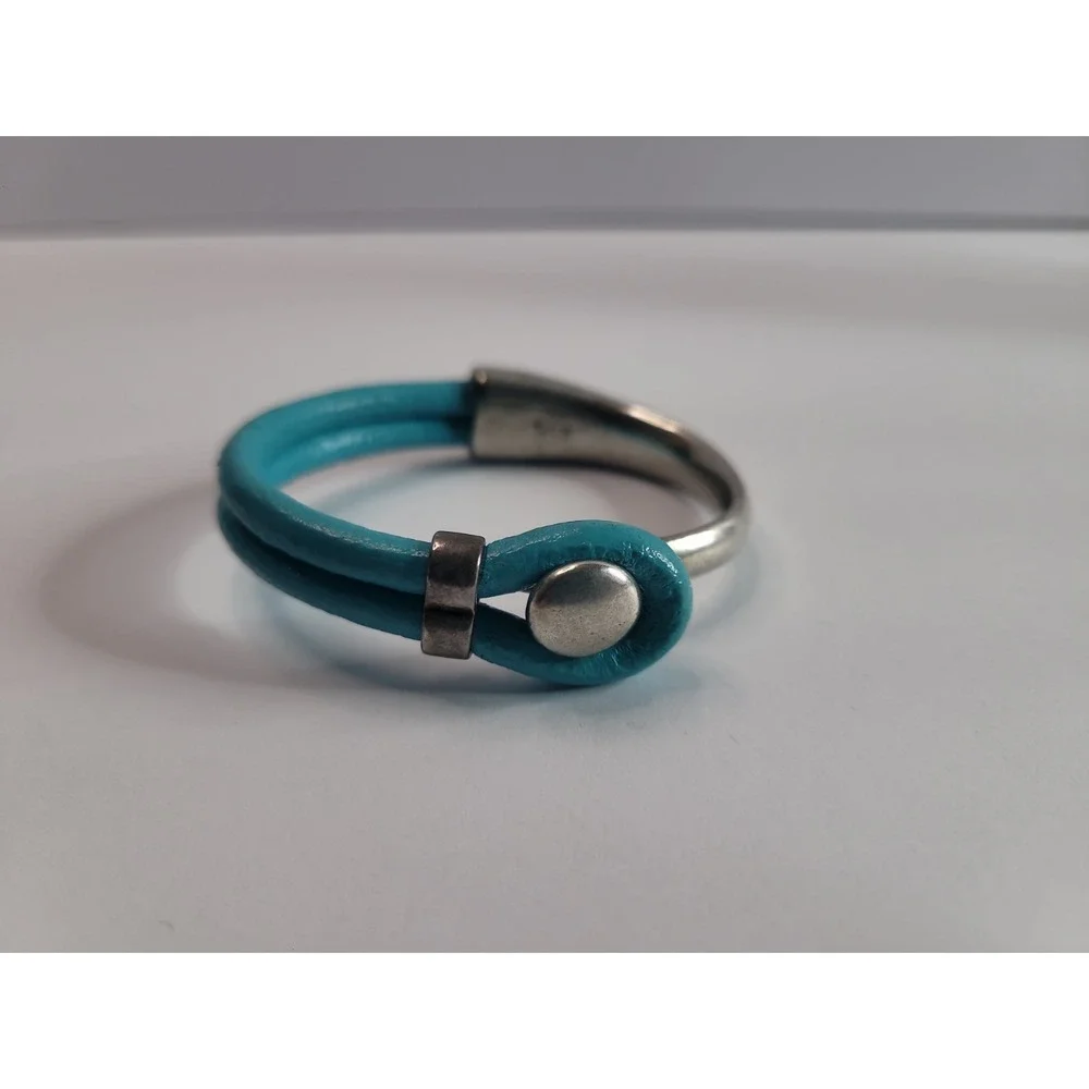 Blue Faux Leather Silver Tone Mixed Media Cuff Bracelet Modern Statement Jewelry
